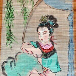 Vtg Japanese Hanging Scroll Bamboo Art Geisha Girl Plum Flower Blossoms Tree 41"